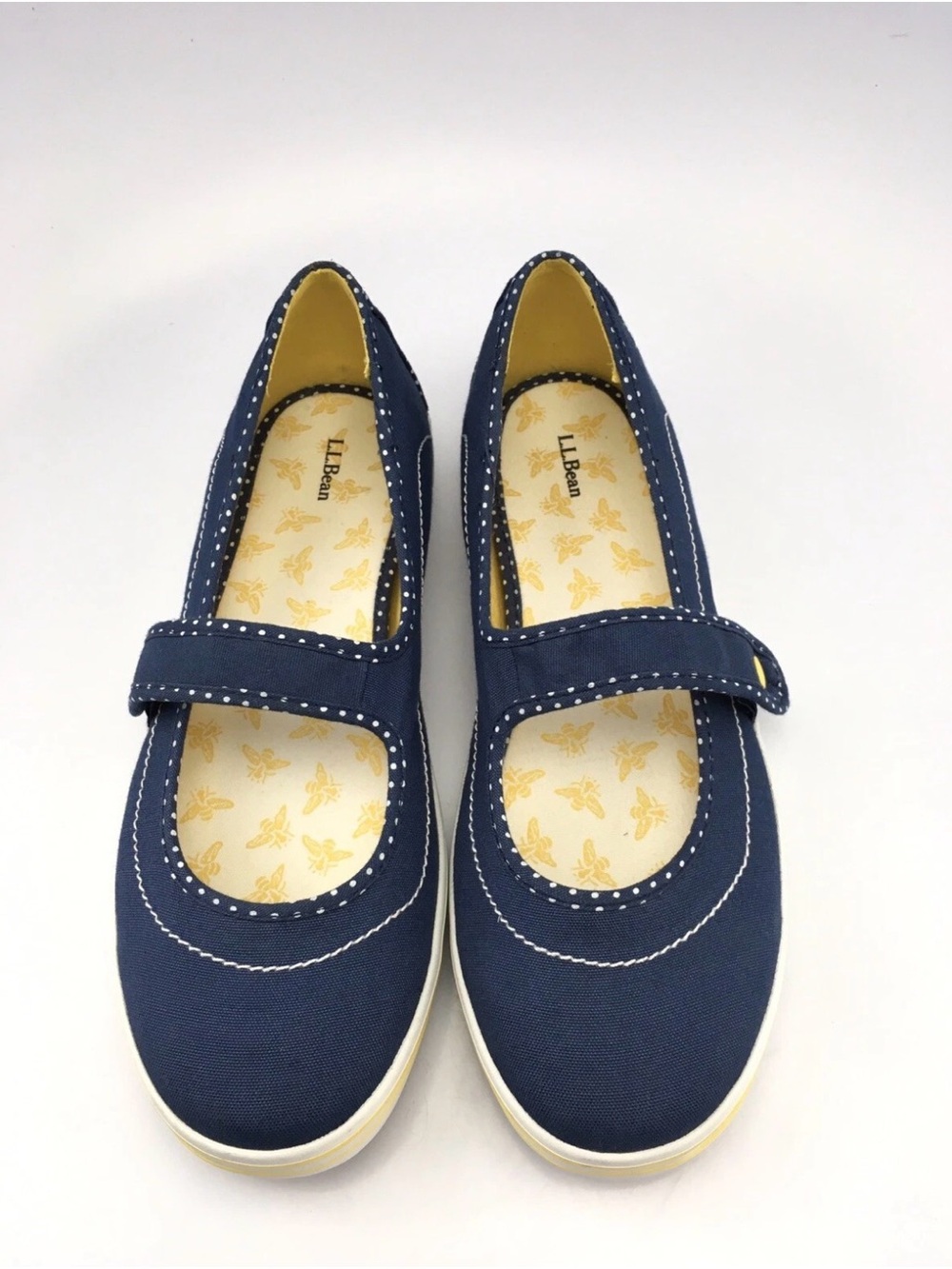 L.L.Bean Mary Jane Canvas Sneakers Women’s 11 Navy Polka Dot Yellow